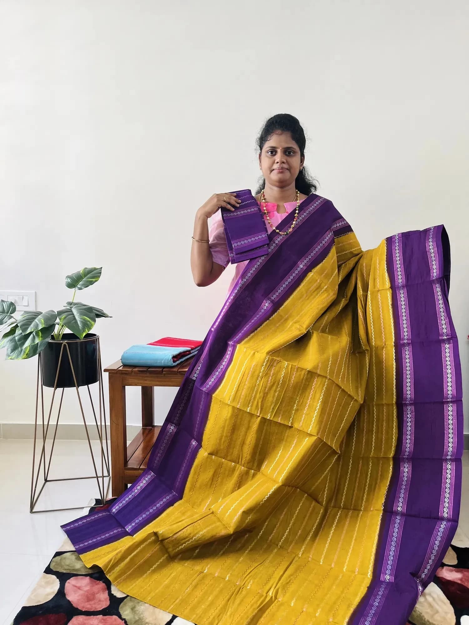 Sungadi cotton(MUSTARD WITH PURPLE) - Image 3