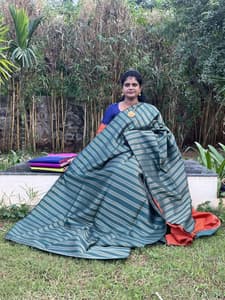 borderless saree with Zari lines(green with orange)