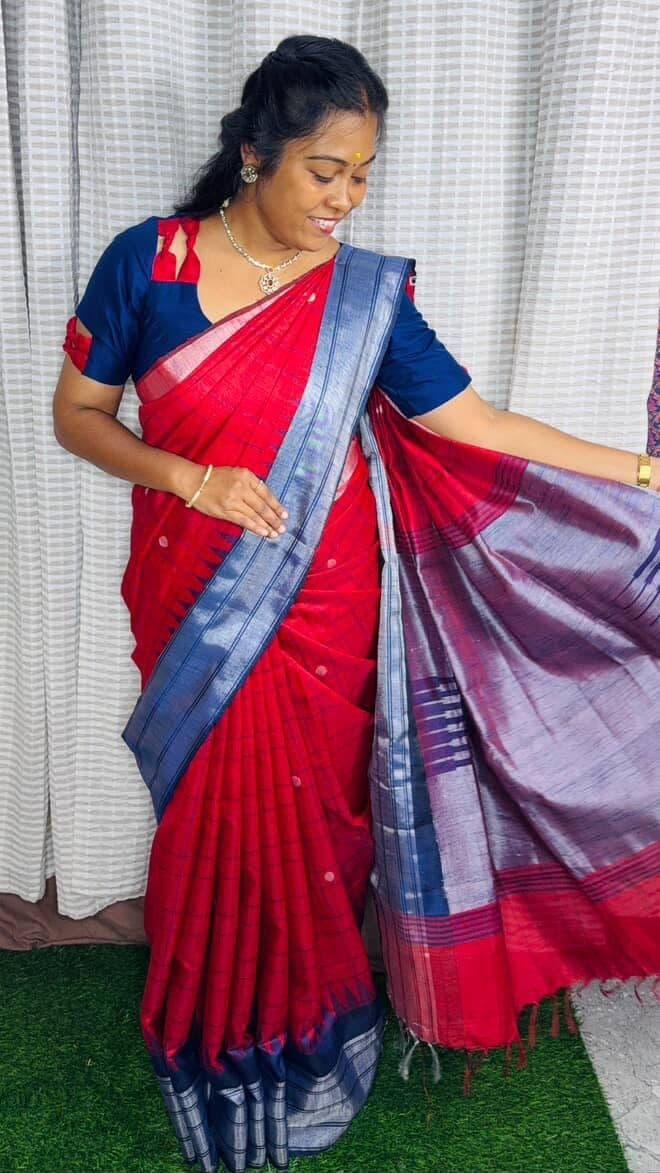 Rawsilk saree with Temple Border(Red with blue) - Image 2