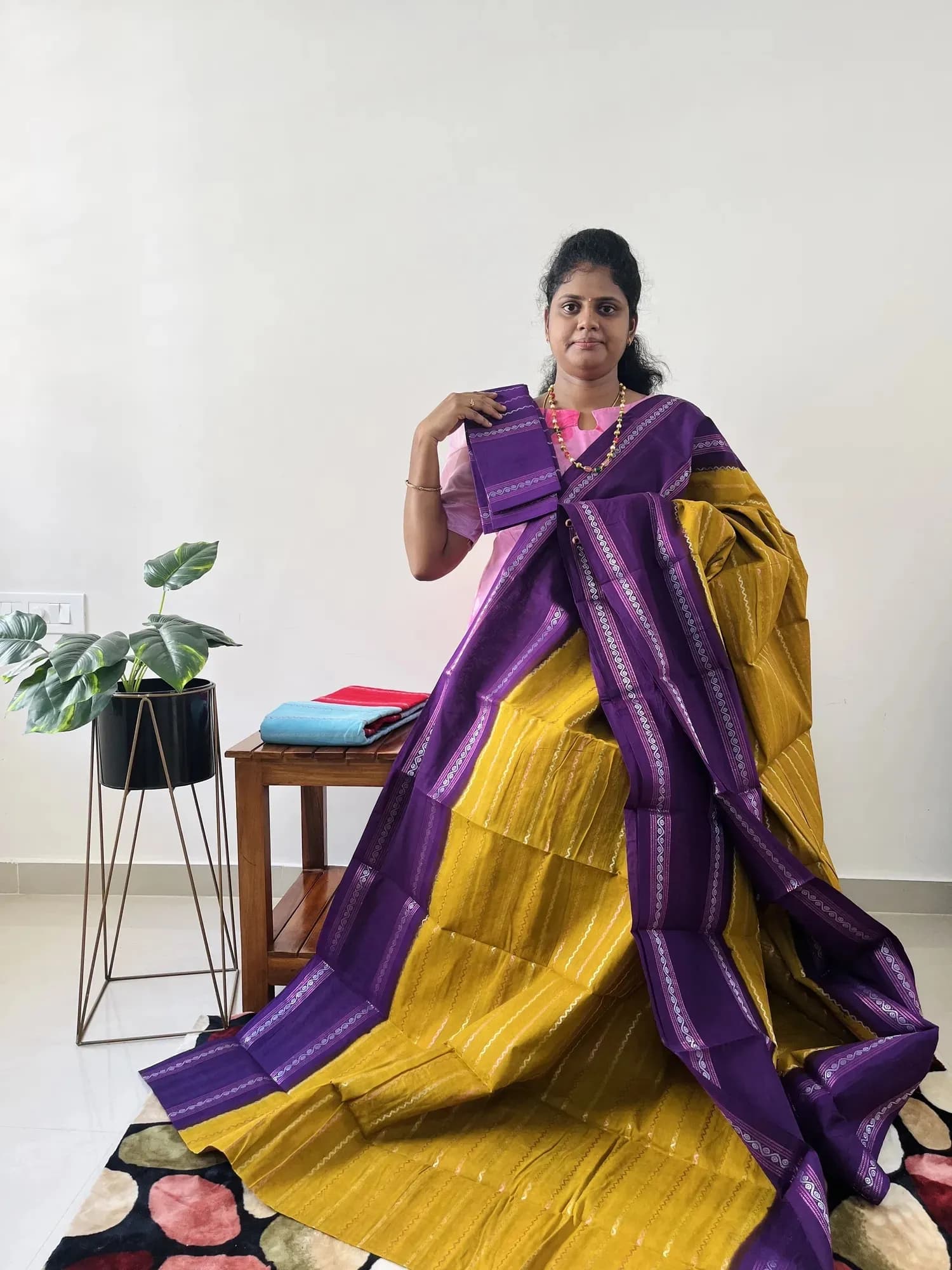 Sungadi cotton(MUSTARD WITH PURPLE) - Image 2