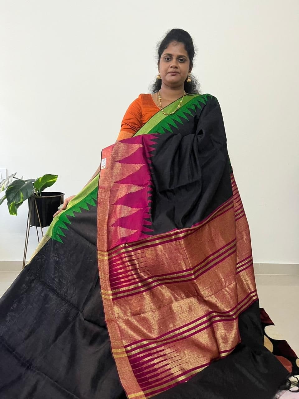 Pure Rawsilk(BLACK WITH GREEN&PINK BORDER) - Image 3
