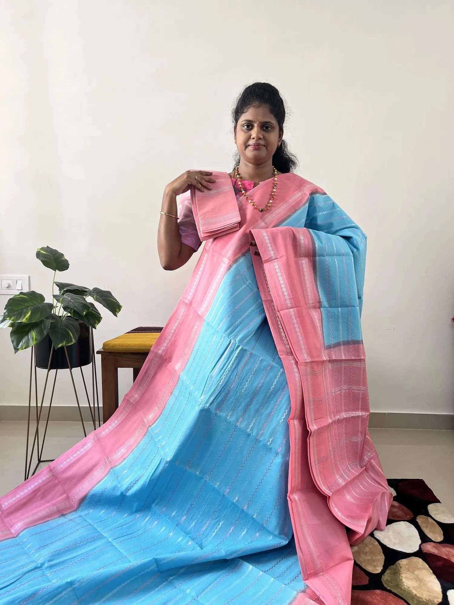 Sungadi cotton(ICE BLUE WITH PINK) - Image 2