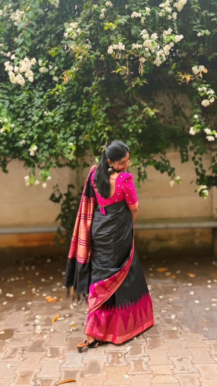 Pure Rawsilk(BLACK WITH GREEN&PINK BORDER) - Image 2