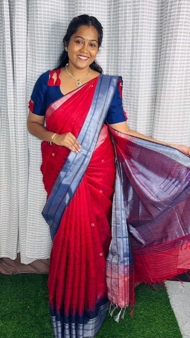 Rawsilk saree with Temple Border(Red with blue) - Image 1