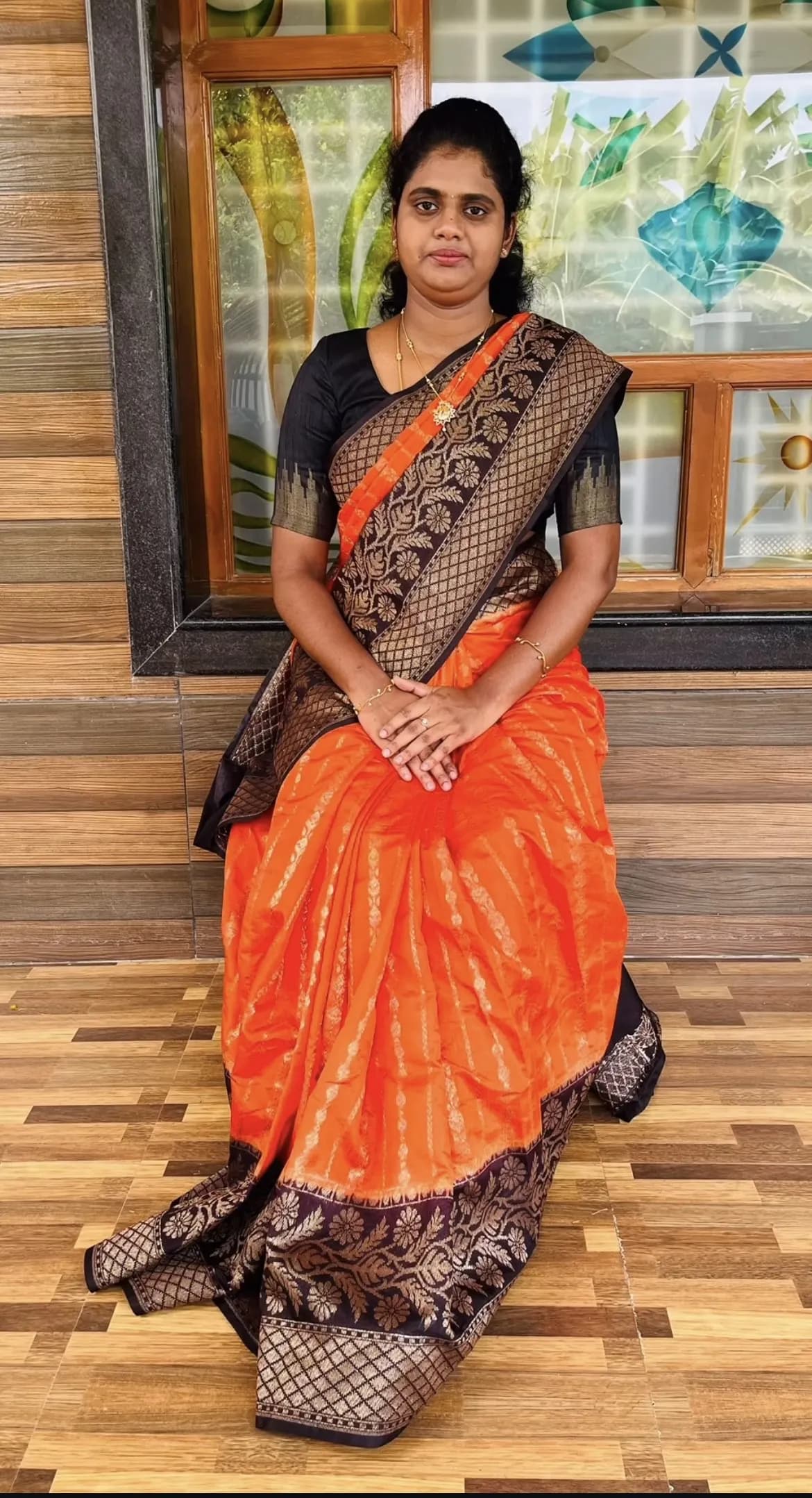 banarasi chiniya silk(ORANGE WITH BLACK)